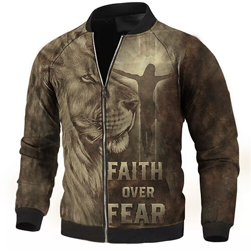 

Men's Coat Warm Sports & Outdoor Zipper Letter Lion Cross 3D Printed Graphic Standing Collar Sport Jacket Outerwear Long Sleeve Zipper Fall & Winter