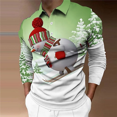 

Men's Collar Polo Shirt Golf Shirt Snowman Graphic Prints Turndown Green Blue 3D Print Christmas Street Long Sleeve Button-Down Print Clothing Apparel Fashion Designer Casual Soft