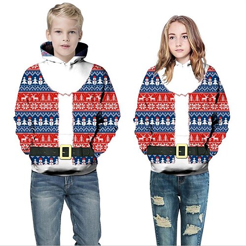 

Kids Boys Ugly Christmas Hoodie Pullover Snowman Christmas Tree Stripe Long Sleeve Children Top Casual Cotton Hoodie Active Fashion Green Black Red Winter 7-13 Years