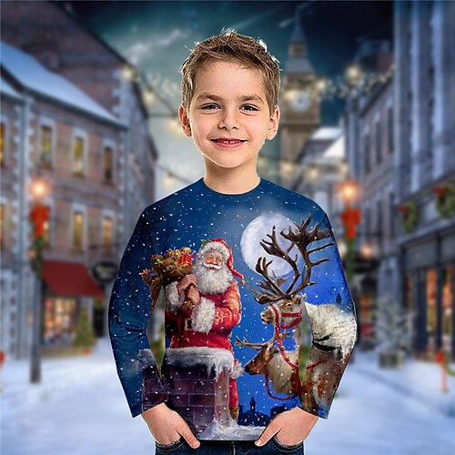 

Toddler Boys Ugly Christmas T shirt Tee Santa Claus Elk Long Sleeve Crewneck Children Top Casual 3D Print Cute Daily Winter Fall Blue 7-13 Years