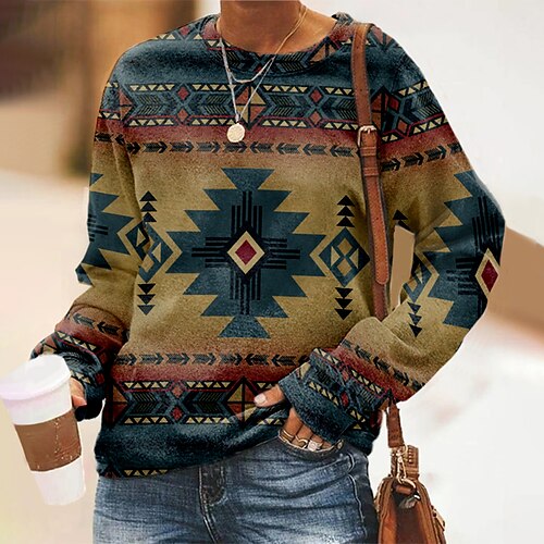 

Women's Sweatshirt Pullover Basic Ethnic Green Blue Purple Geometric Street Round Neck Long Sleeve S M L XL 2XL 3XL