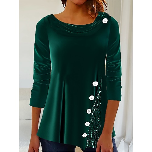 

Women's Blouse Shirt Green Plain Sequins Long Sleeve Party Christmas Basic Round Neck Regular S