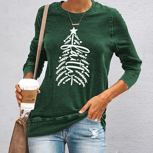 

Women's T shirt Tee Green Black Dark Gray Christmas Tree Print Long Sleeve Christmas Weekend Basic Round Neck Regular Painting S