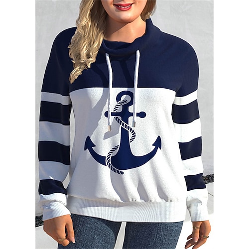 

Women's Plus Size Tops Hoodie Sweatshirt Graphic Color Block Print Long Sleeve Hooded Casual Holiday Daily Vacation Polyester Winter Fall Dark Blue