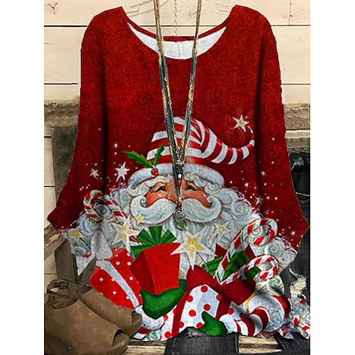 

Women's Plus Size Tops Blouse Shirt Santa Claus Snowman Print Long Sleeve Crewneck Casual Christmas Daily Polyester Winter Fall Green Purple