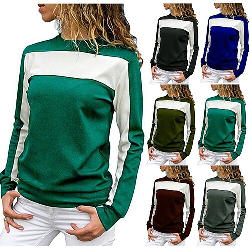 

Per donna maglietta Collage Color Block Classico Rotonda Standard Primavera & Autunno Verde Nero Blu Vino Verde militare