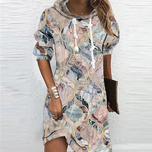 

Women's Hoodie Dress Shift Dress Mini Dress Pink Long Sleeve Geometric Print Winter Fall Autumn Hooded 2022 S M L XL XXL 3XL