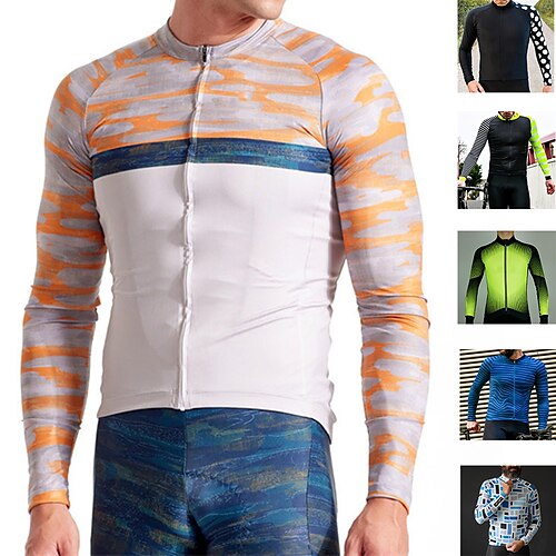 

21Grams Men's Cycling Jersey Long Sleeve Bike Jersey Top with 3 Rear Pockets Mountain Bike MTB Road Bike Cycling Breathable Quick Dry Moisture Wicking Reflective Strips Black Green Orange Spandex