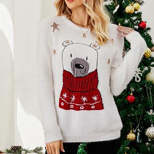 

Women's Ugly Christmas Sweater Pullover Sweater Jumper Ribbed Knit Knitted Animal Crew Neck Stylish Casual Outdoor Christmas Winter Fall Gray White S M L