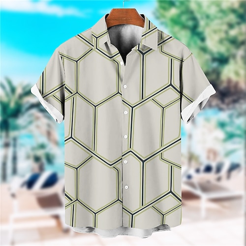 

Men's Shirt Graphic Prints Geometry Turndown Green Purple Light Green Gray 3D Print Outdoor Street Short Sleeves Button-Down Print Clothing Apparel Fashion Designer Lightweight Casual