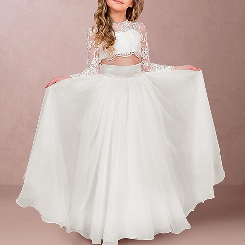 

Wedding Party Two Piece Flower Girl Dresses Jewel Neck Floor Length Chiffon Lace with Crystals Appliques Elegant Cute Girls' Party Dress Fit 3-16 Years