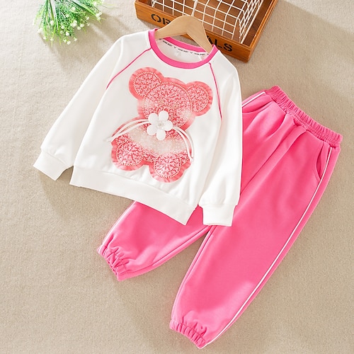

2 Pieces Kids Girls' Cartoon Patchwork Hoodie & Pants Set Long Sleeve Fashion School 7-13 Years Winter Pink