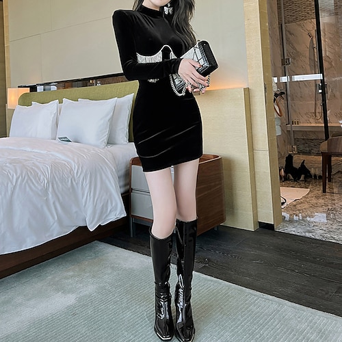 

Women's Party Dress Velvet Dress Fringe Dress Black Long Sleeve Pure Color Tassel Fringe Winter Fall Autumn Stand Collar Modern Fall Dress Slim 2022 S M L XL