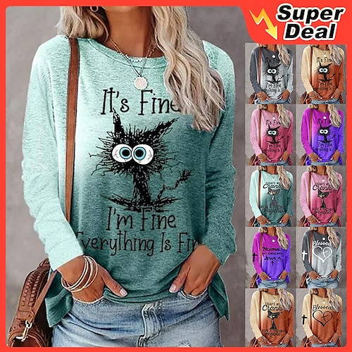 

Women's T shirt Tee Maroon Green Purple Graphic Color Gradient Print Long Sleeve Casual Weekend Round Neck Regular I'm Fine Painting