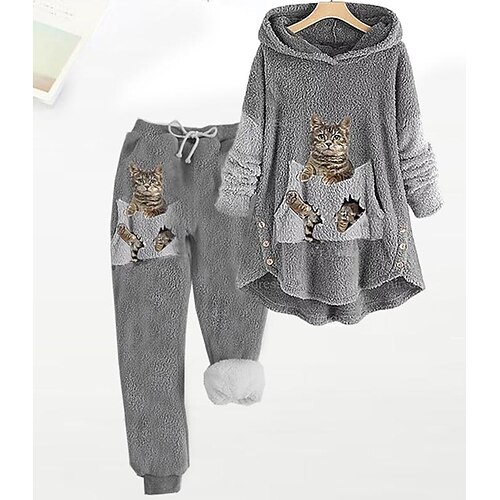 

Women's Plus Size Tops Set Cat Print Long Sleeve Hooded Fashion Modern Vacation Weekend Sherpa Winter Fall Gray