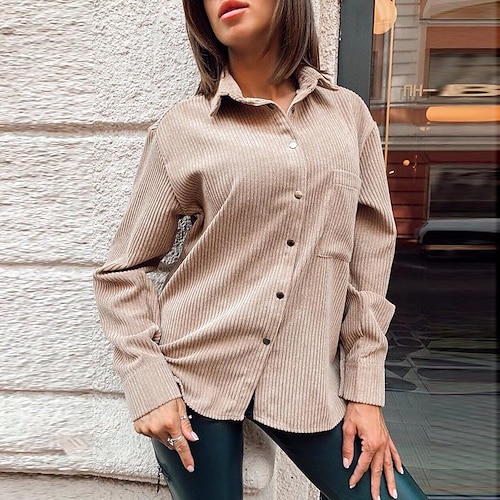 

european and american foreign trade 2022 winter popular long-sleeved corduroy solid color lapel all-match casual short shirt women's clothing