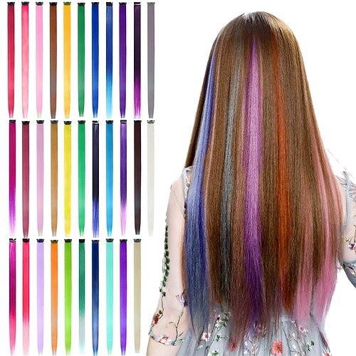 

32 PCS Colored Clip in Hair Extensions - BEAHOT 20 Inch Rainbow Long Straight Hairpieces Clip in Synthetic Halloween Cosplay Dress Up Fashion Party Christmas New Year Gift for Women Kids Girls