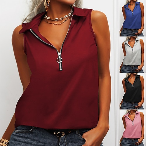 

Women's T shirt Tee Tank Patchwork Half Zip Solid / Plain Color Classic Sweet Shirt Collar Regular Summer Wine Red Black Blue Pink Grey