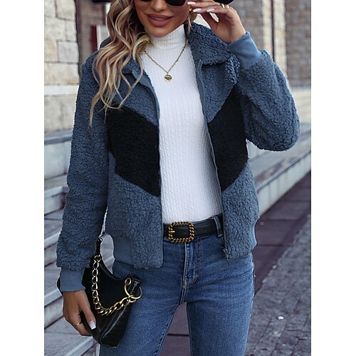 

Women's Fleece Jacket Sherpa Fleece Teddy Zip Up Front Pocket ArmyGreen turmeric Oxygen Blue Color Block Street V Neck Long Sleeve Fleece S M L