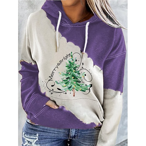 

Women's Plus Size Christmas Tops Hoodie Sweatshirt Color Block Letter Pocket Print Long Sleeve Hooded Casual Holiday Daily Polyester Winter Fall Green Purple