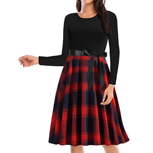 

Women's Swing Dress Plaid Dress Mini Dress Green Blue Red Long Sleeve Plaid Patchwork Winter Fall Autumn Crew Neck Vacation Daily Vacation 2022 S M L XL XXL