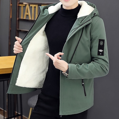 

Men's Fleece Jacket Jacket Warm Daily Wear Vacation Going out Zipper Hooded Fashion Casual Comfortable Jacket Outerwear Solid Color Zipper Pocket Black Green Gray