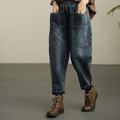 

Dame Bukser Jeans Elastisk Talje Harem Vanlig Klassisk Moderne Regulær Forår & Vinter Sort Blå