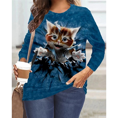 

Women's Plus Size Tops Pullover Sweatshirt Animal Cat Print Long Sleeve Crew Neck Casual Holiday Daily Vacation Microfiber Winter Fall Blue