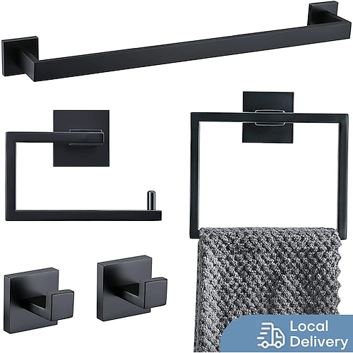 

Conjunto de acessórios de hardware de banheiro de 5 peças Conjunto de toalheiro de barra de toalha de 23,6 polegadas preto fosco moderno kit de anel de toalha de aço inoxidável montado na parede