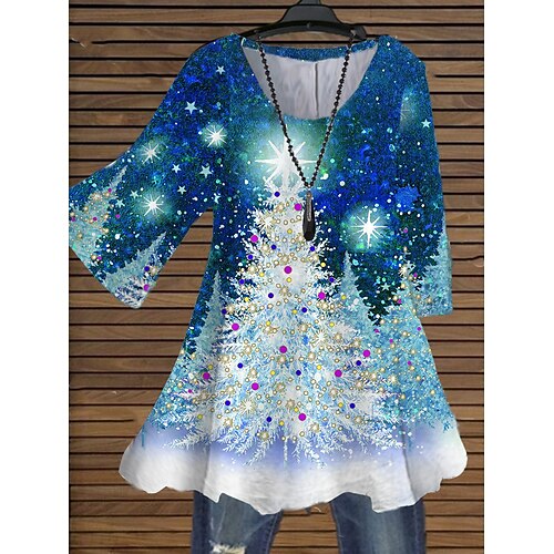 

Women's Plus Size Christmas Tops Blouse Shirt Tree Print 3/4 Length Sleeve Crew Neck Casual Festival Daily Cotton Spandex Jersey Winter Fall Black Blue