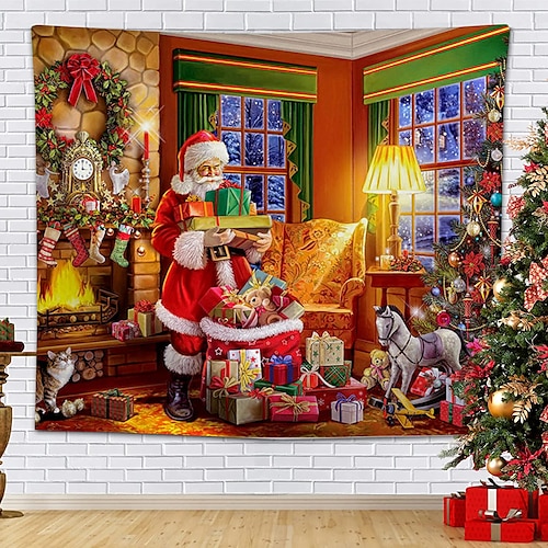 

Christmas Santa Claus Holiday Party Wall Tapestry Art Decor Photo Background Curtain Hanging Home Bedroom Living Room Decoration Christmas Tree Snowman Elk Snowflake Candle Gift Fireplace