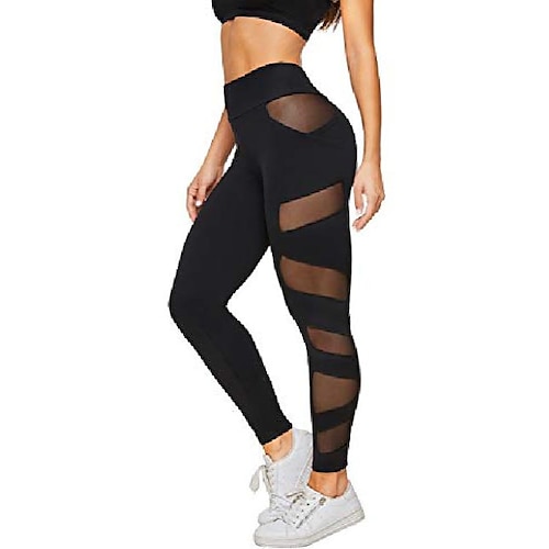 

women's stretchy skinny sheer mesh insert workout yoga leggings black-1 s