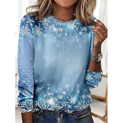 

Women's T shirt Tee Black Pink Blue Snowflake Print Long Sleeve Christmas Weekend Basic Round Neck Regular Painting S