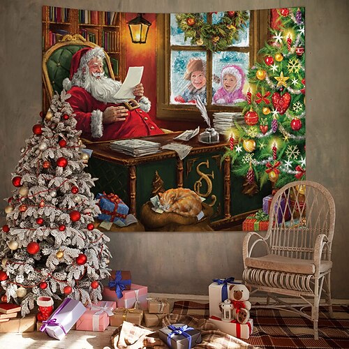 

Christmas Santa Claus Holiday Party Wall Tapestry Photography Background Art Decor Blanket Hanging Home Bedroom Living Room Decoration Tree Snowman Elk Snowflake Candle Gift Fireplace