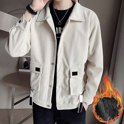 

Men's Corduroy Jacket Warm Soft Daily Wear Vacation Going out Single Breasted Lapel Comfort Leisure Jacket Outerwear Solid Color Button Pocket Black khaki Dark Grey