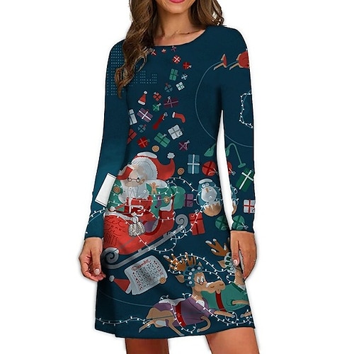 

Women's Casual Dress Sheath Dress Mini Dress Blue Dark Gray Red Long Sleeve Santa Claus Print Winter Fall Spring Crew Neck Fashion Christmas Daily Fall Dress 2022 S M L XL 2XL 3XL 4XL 5XL 6XL