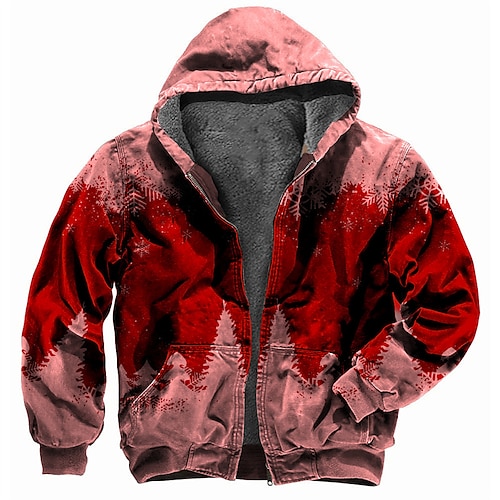 

Men's Fleece Jacket Full Zip Hoodie Fleece Hoodie Sherpa Jacket Red Gray Hooded Graphic Prints Snowflake Zipper Print Christmas Sports & Outdoor Daily 3D Print Fleece Streetwear Designer Casual Winter