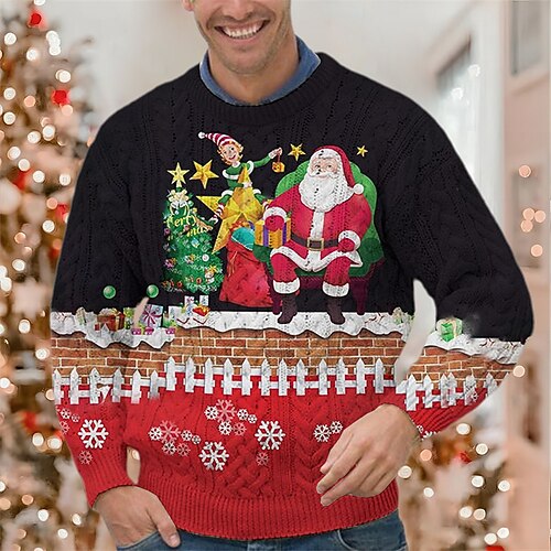 

Men's Sweater Ugly Christmas Sweater Pullover Ribbed Knit Cropped Knitted Santa Claus Crew Neck Keep Warm Modern Contemporary Christmas Work Clothing Apparel Fall & Winter Green Black S M L