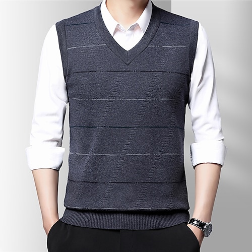 

Men's Sweater Vest Wool Sweater Pullover Sweater Jumper Ribbed Knit Knitted Line V Neck Casual Modern Contemporary Work Daily Wear Clothing Apparel Sleeveless Spring & Fall Camel Dark Grey M L XL