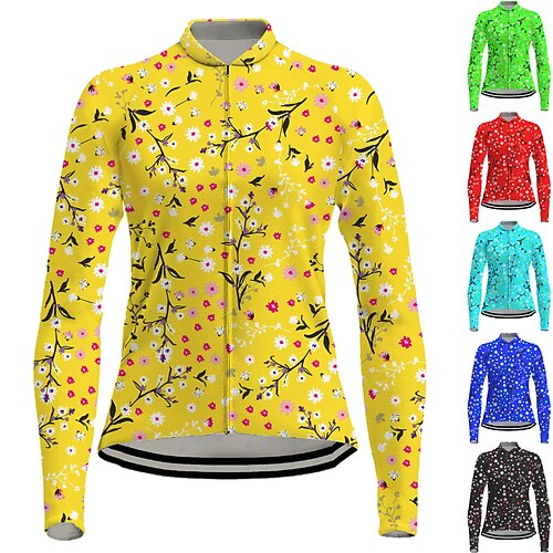 

21Grams Women's Cycling Jersey Long Sleeve Bike Jersey Top with 3 Rear Pockets Mountain Bike MTB Road Bike Cycling Breathable Quick Dry Moisture Wicking Reflective Strips Green Yellow Sky Blue Floral