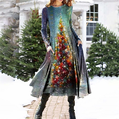 

Women's Casual Dress Swing Dress Midi Dress Green Blue Yellow Long Sleeve Santa Claus Pocket Winter Fall Spring Crew Neck Fashion Christmas Daily Weekend 2022 S M L XL XXL 3XL