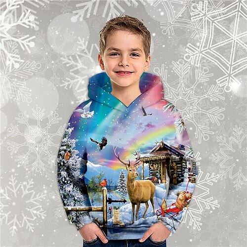 

Kids Boys Christmas Hoodie Pullover Elk Long Sleeve Pocket Children Top Christmas Gifts 3D Print Hoodie Daily Purple Winter 3-12 Years