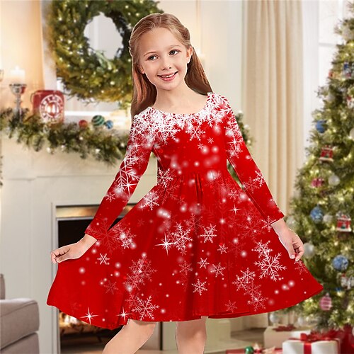 

Kids Girls' Christmas Dress Snowflake Casual Dress Above Knee Dress Christmas Gifts Crewneck Long Sleeve Adorable Dress 2-13 Years Winter Black Wine