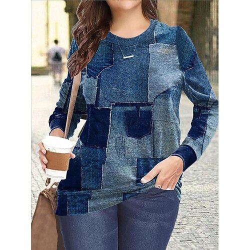 

Women's Sweatshirt Pullover Basic Blue Color Block Street Round Neck Long Sleeve S M L XL 2XL 3XL