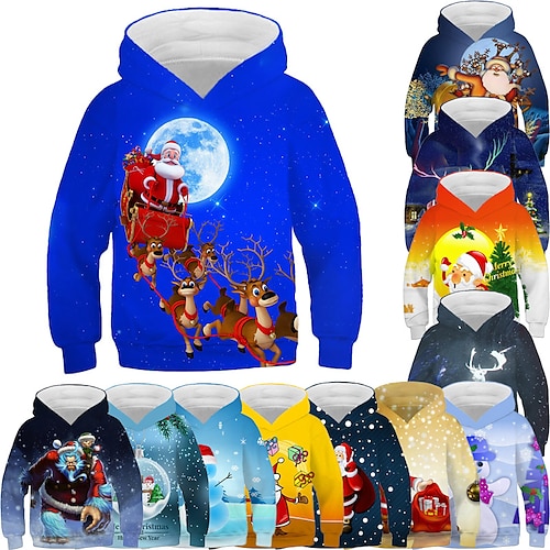 

Kids Boys Ugly Christmas Hoodie Pullover Santa Claus Elk Christmas Tree Long Sleeve Children Top Christmas Gifts Cotton Hoodie Active Fashion Green Blue Purple Winter 7-13 Years