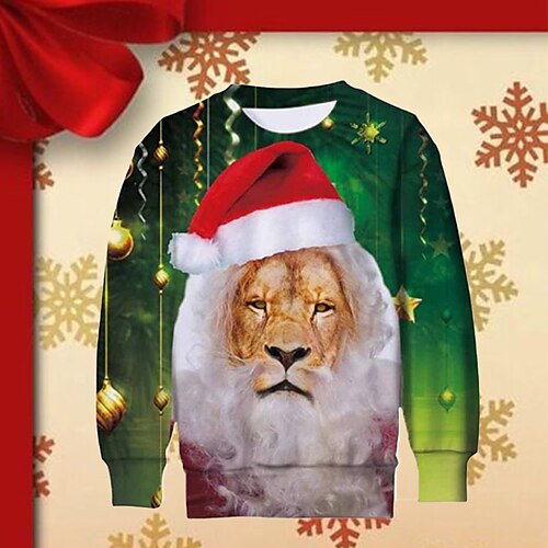 

Kids Boys Ugly Christmas Sweatshirt Pullover Animal Lion Long Sleeve Crewneck Children Top Outdoor Sweatshirt Pullover Fashion Cute Green Winter 7-13 Years