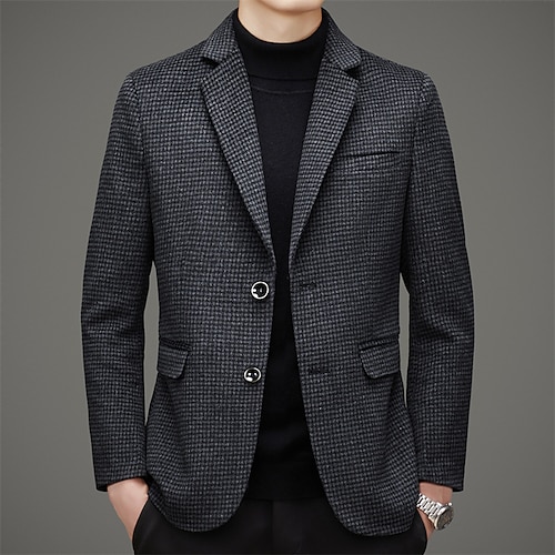 

Men's Casual Overcoat Long Standard Fit Checkered Single Breasted Two-buttons Black 2022