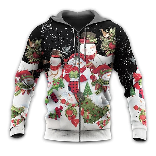 

Men's Full Zip Hoodie Jacket Black Hooded Snowman Graphic Prints Ugly Christmas Zipper Print Sports & Outdoor Daily Sports 3D Print Streetwear Designer Casual Spring & Fall Clothing Apparel Hoodies