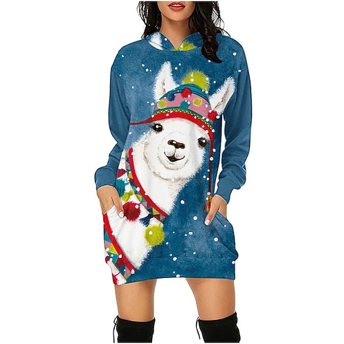 

Women's Hoodie Dress Shift Dress Mini Dress Blue Royal Blue Red Long Sleeve Dog Pocket Winter Fall Autumn Hooded Christmas Weekend 2022 S M L XL XXL
