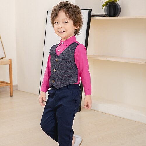 

2 Pieces Toddler Boys Shirt & Pants Outfit Plaid Long Sleeve Set Outdoor Basic Fall Spring 3-7 Years Rose Red